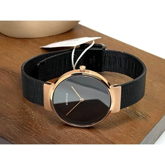 Bering Women's Watch 14531-166 Quartz Rose Gold Black Mesh Stainless Ste…
